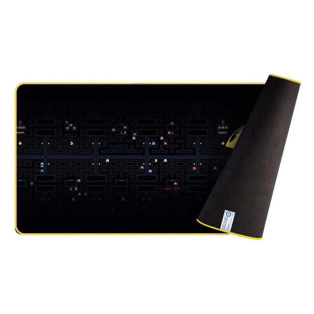 Détail de la surface du tapis de souris Pac-Man montrant la texture et les couleurs vives