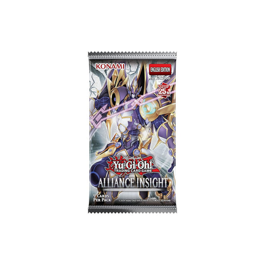 Vue rapprochée des boosters individuels Yu-Gi-Oh! Alliance Insight avec le logo Konami