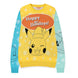 Pull de Noël Pokémon Difuzed avec Pikachu, Bulbizarre, Carapuce et Salamèche sur fond festif