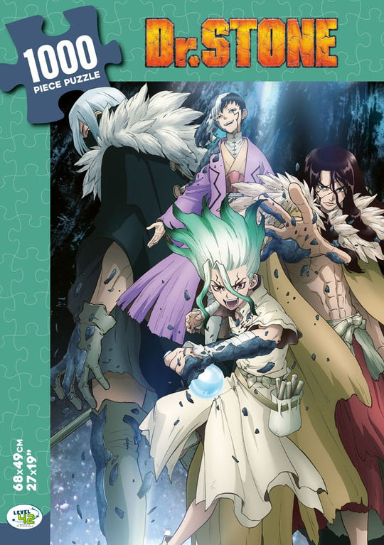 Détail des personnages Senku, Kohaku et Chrome sur le puzzle Dr. Stone