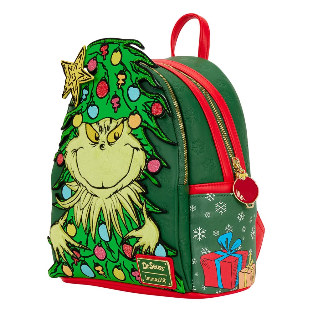 Détail du motif Le Grinch sur le sac à dos Loungefly
