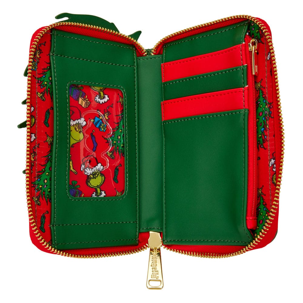 Gros plan sur la texture du cuir synthétique et les détails du design du porte-monnaie Grinch Loungefly.