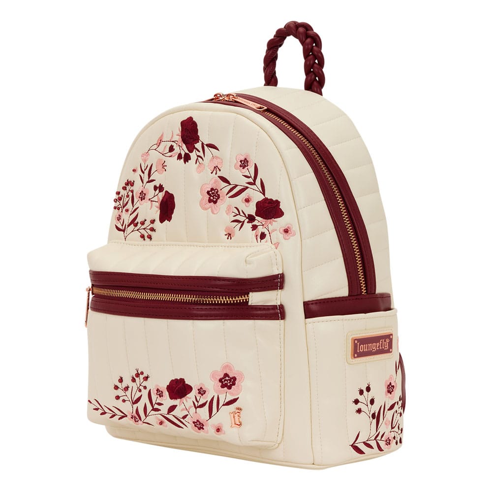 Motif floral crème et rouge du sac à dos Loungefly Midi, gros plan