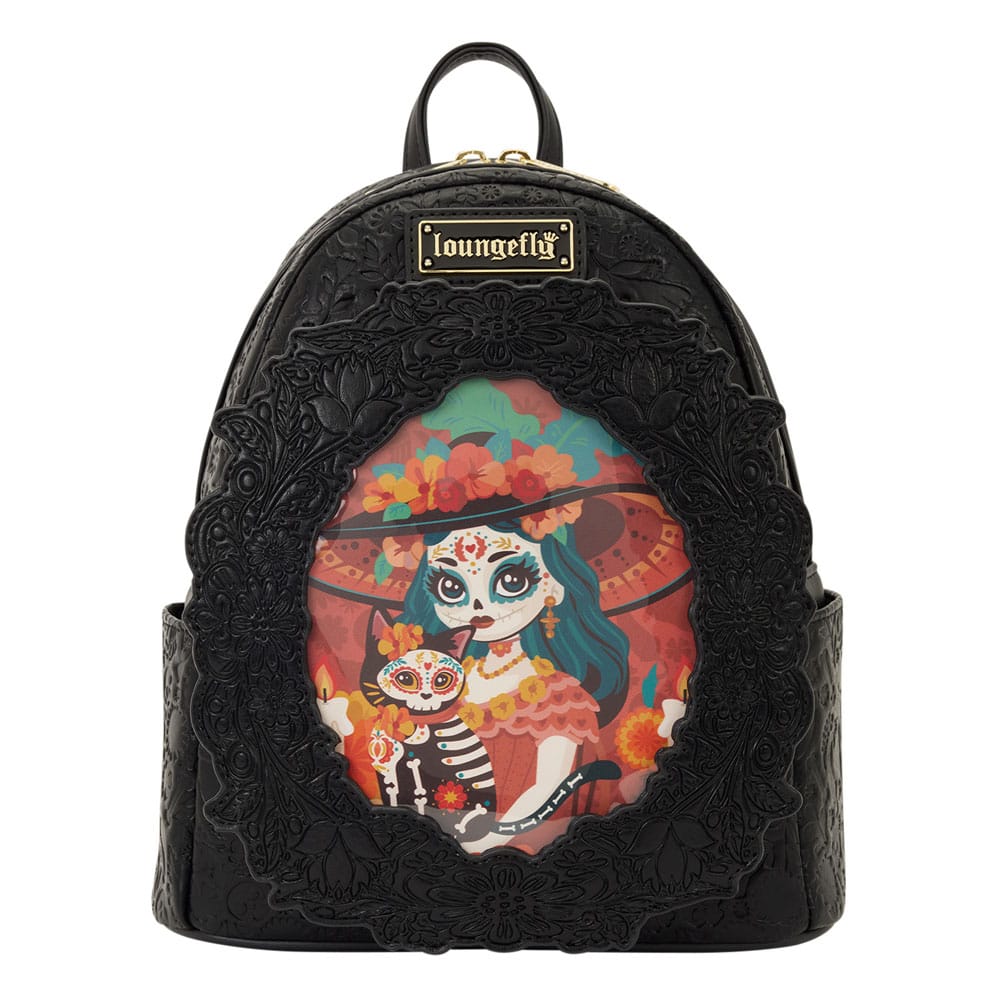 Sac à dos Loungefly Mini Dia de los Muertos, vue de face avec motifs calavera et fleurs.