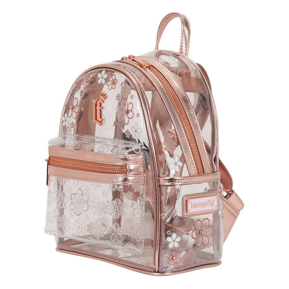 Sac à dos Loungefly Mini Clear Floral porté, montrant sa taille compacte et son style