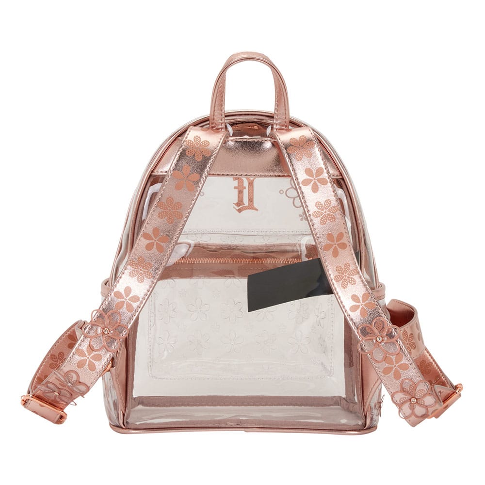 Détail du sac à dos Loungefly Mini Clear Floral, matière polyester et cuir PU, logo
