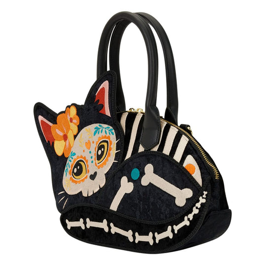 Détail du motif floral et crânes du sac Loungefly Dia de los Muertos, texture lin visible