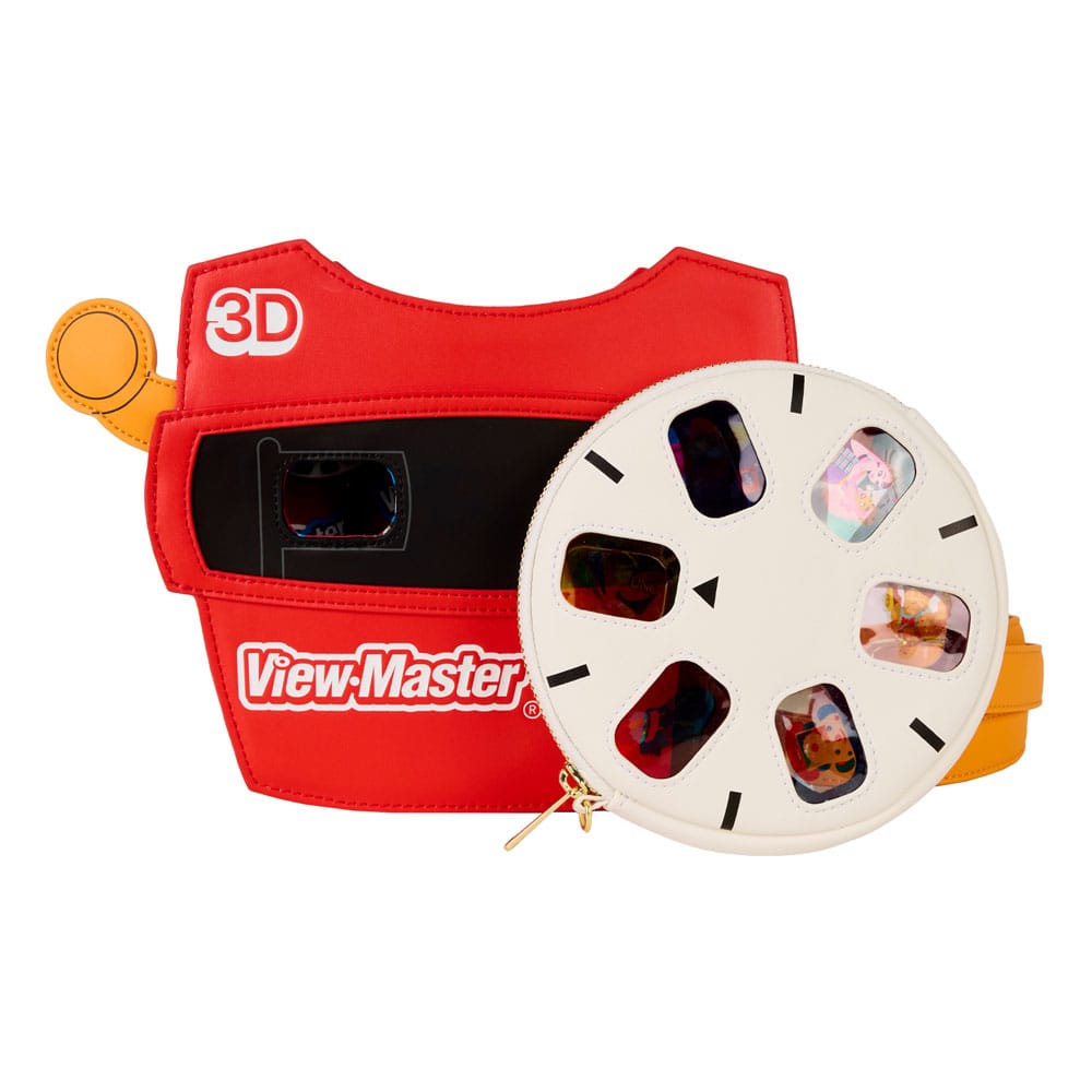 Détail du design View-Master sur le sac Loungefly, avec le porte-monnaie assorti