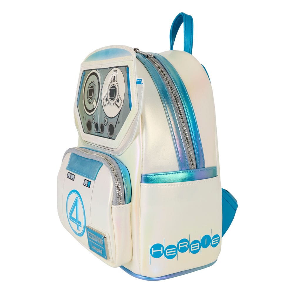 Détail du logo des Quatre Fantastiques sur le mini sac à dos Loungefly Marvel.