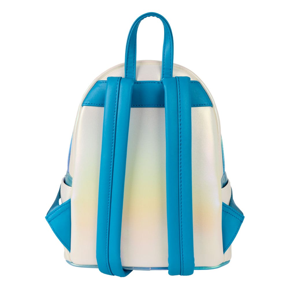 Vue latérale du mini sac à dos Loungefly Marvel Fantastic Four, montrant les poches et la texture.