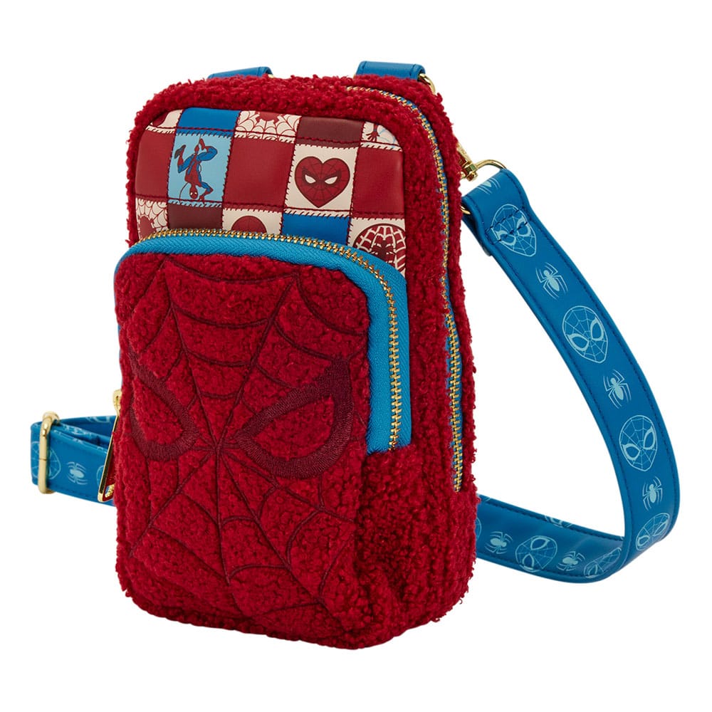 Détail du sac bandoulière Loungefly Spider-Man en PU, motif toile d'araignée