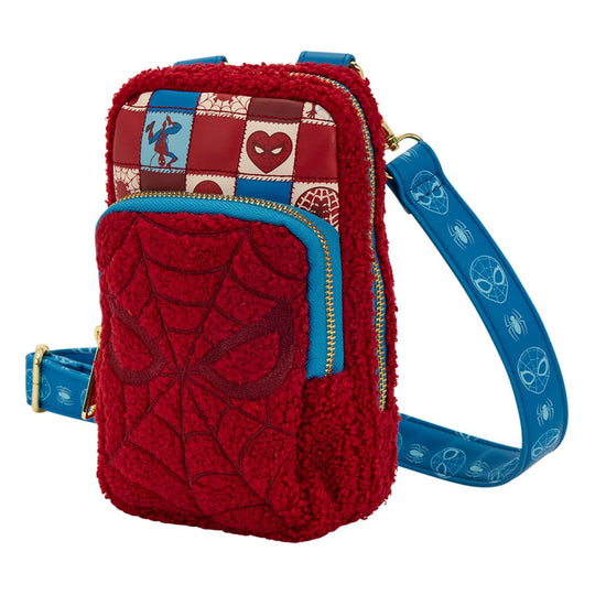 Détail du sac bandoulière Loungefly Spider-Man en PU, motif toile d'araignée