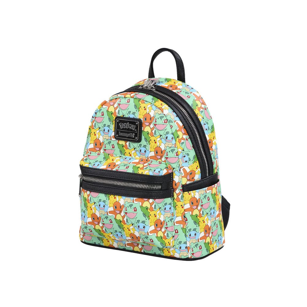 Détail du design du mini sac à dos Loungefly Pokémon avec Pikachu et les starters