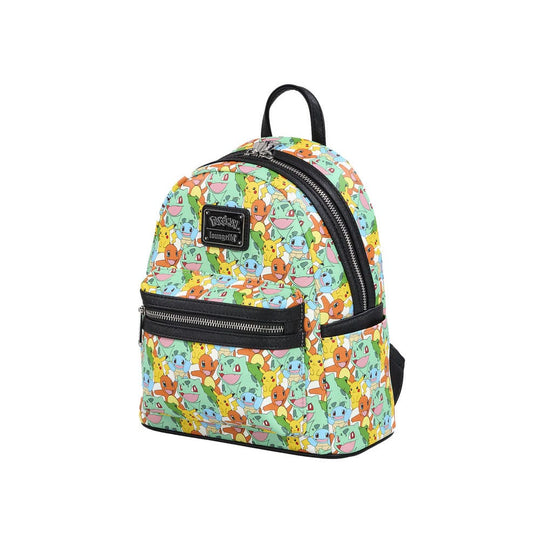 Détail du design du mini sac à dos Loungefly Pokémon avec Pikachu et les starters