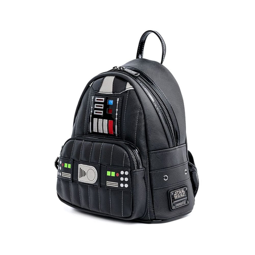 Détail du casque Darth Vader lumineux sur le sac à dos Loungefly