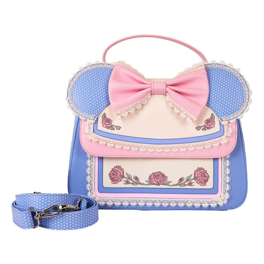 Détail des oreilles de Minnie en dentelle et motifs floraux sur le sac Loungefly
