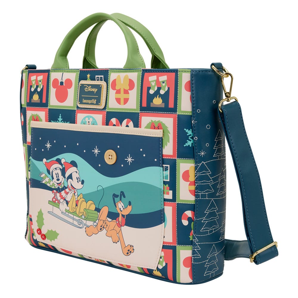 Détail du motif Mickey et Minnie festifs sur le sac Loungefly en lin