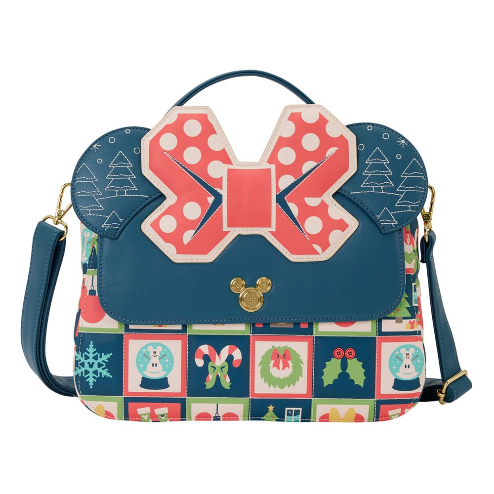 Sac bandoulière Loungefly Disney Mickey Minnie Holiday, vue de face, personnages festifs