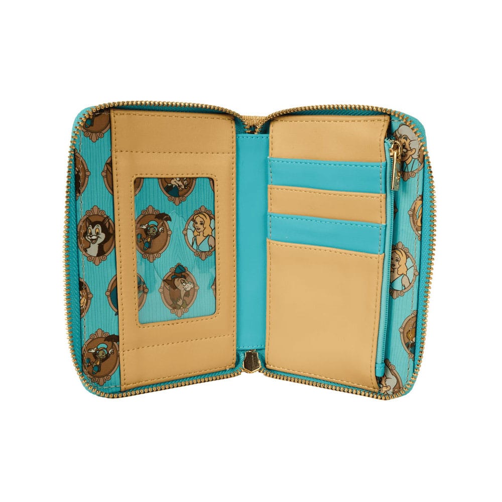 Porte-monnaie Pinocchio Loungefly de profil, mettant en évidence son épaisseur compacte