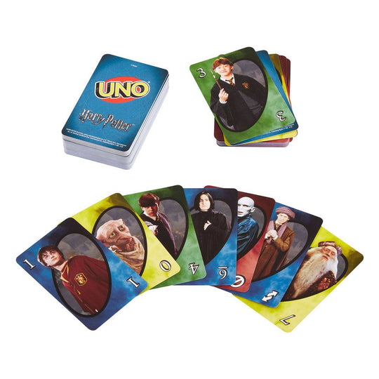 Packaging du jeu de cartes UNO Harry Potter Mattel, idéal pour un cadeau