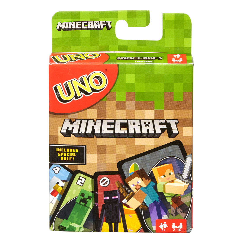 Jeu de cartes UNO Minecraft officiel Mattel, boîte et cartes illustrées