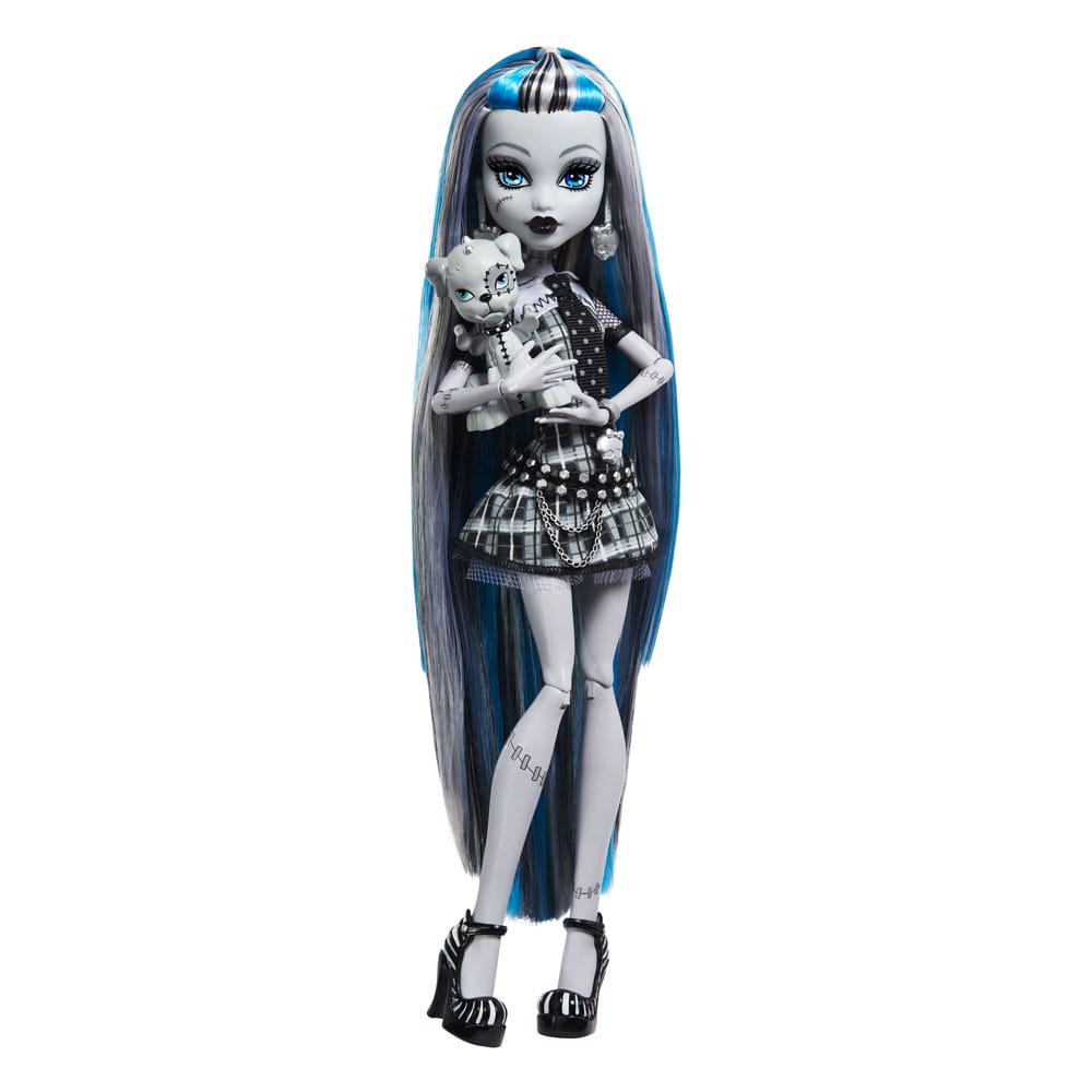 Poupée Monster High Reel Drama Frankie Stein en noir et blanc, vue de face avec accessoires.