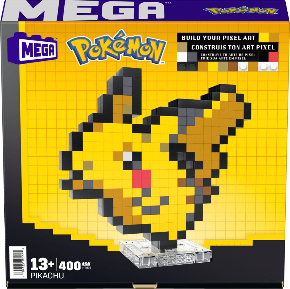 Vue latérale du modèle Pikachu Pixel Art construit avec les briques MEGA