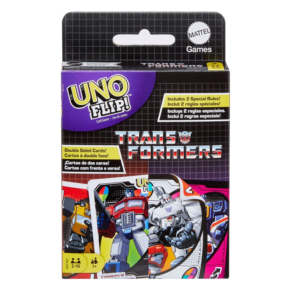 Boîte du jeu de cartes UNO Flip! Transformers Mattel, affichant Optimus Prime et Bumblebee.