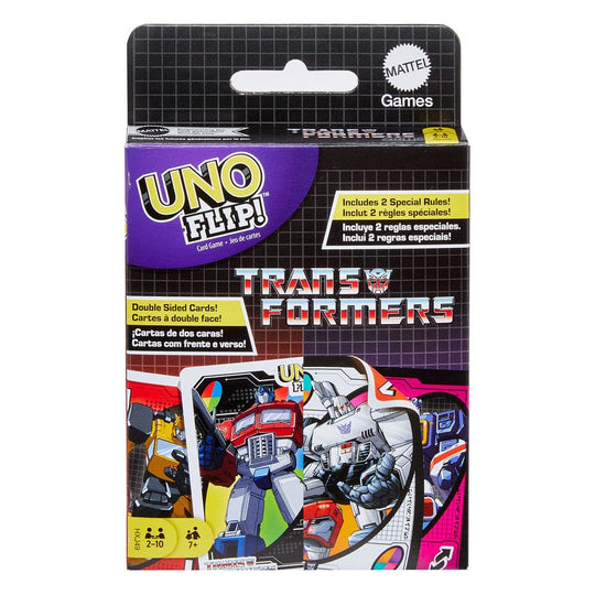 Boîte du jeu de cartes UNO Flip! Transformers Mattel, affichant Optimus Prime et Bumblebee.
