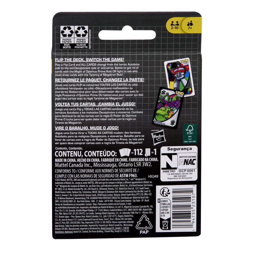 Design des cartes spéciales UNO Flip! Transformers, comme le 'Flip' ou 'Passe ton tour'.