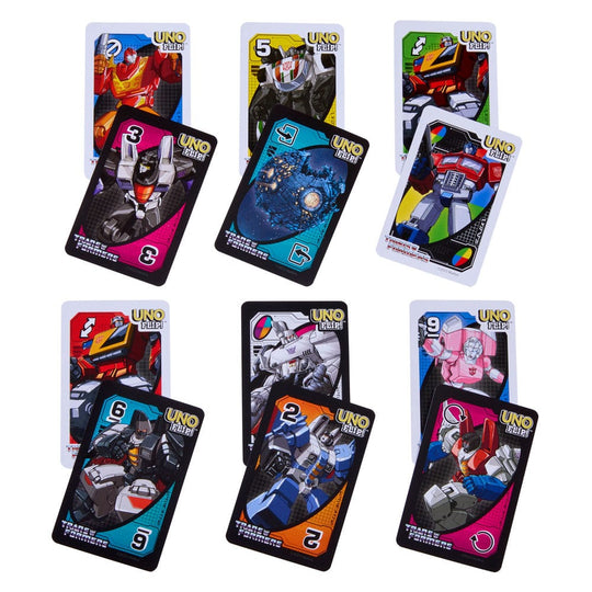 Le dos des cartes UNO Flip! Transformers, avec le logo Transformers et UNO.