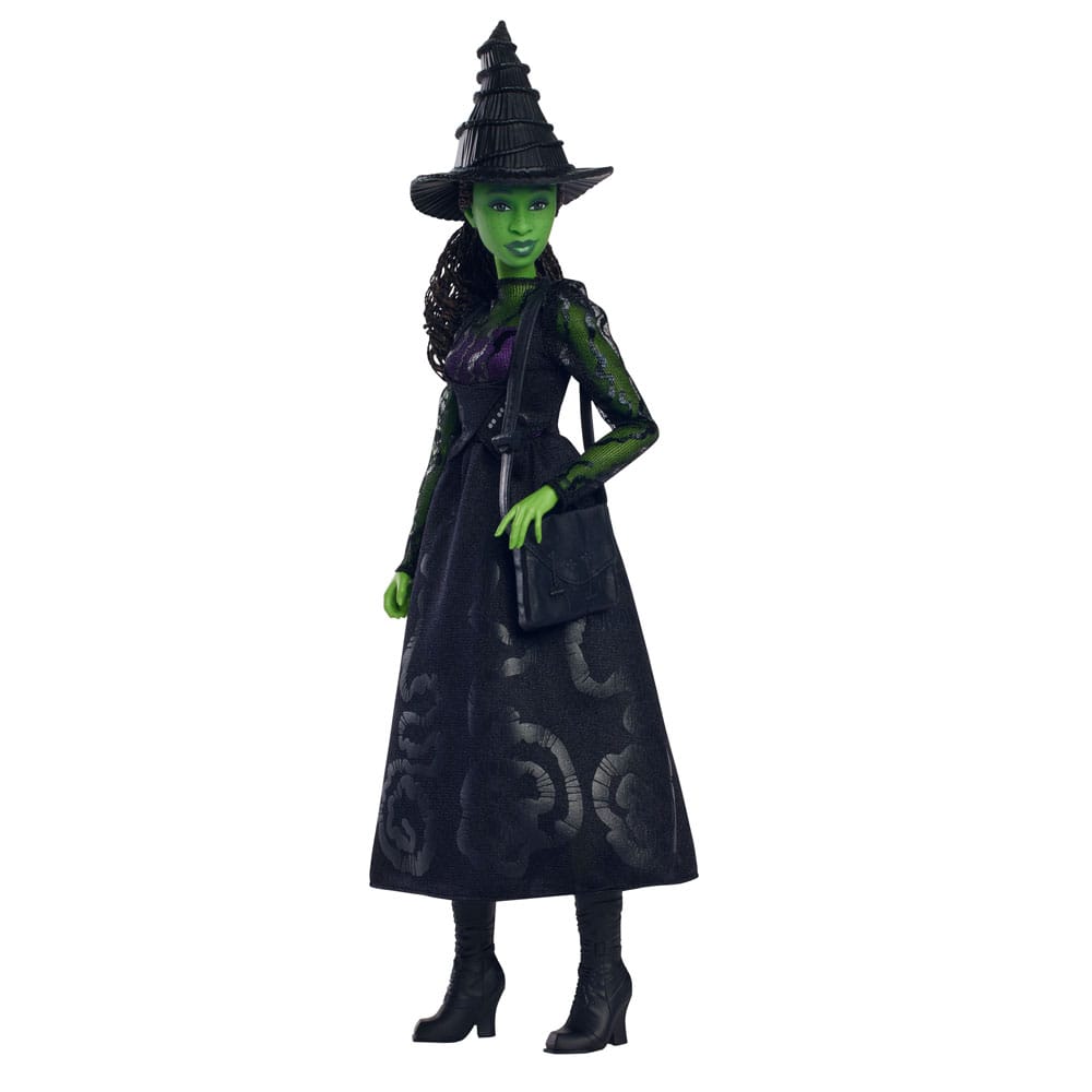 Poupée Elphaba de Wicked, gros plan sur son visage vert et ses cheveux tressés