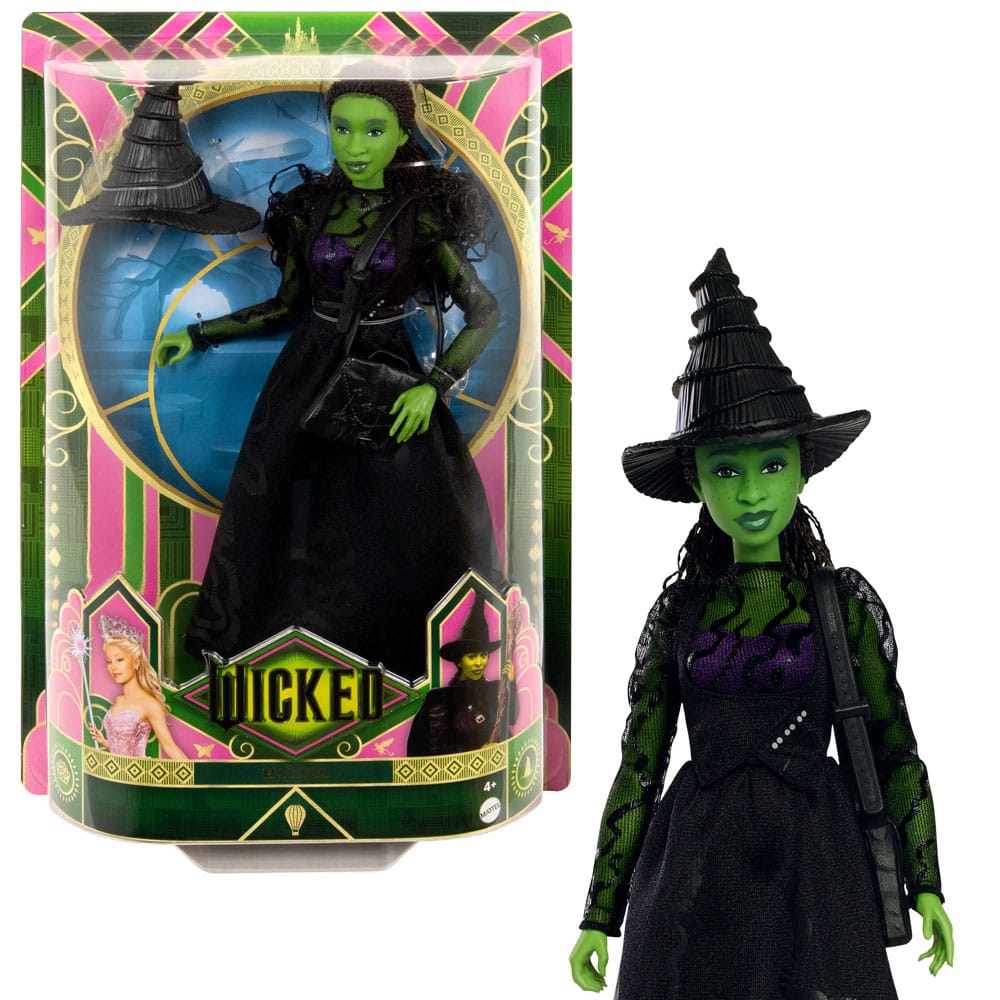 Elphaba Wicked 29 cm avec son sac d'école et ses bottes, prête pour l'aventure