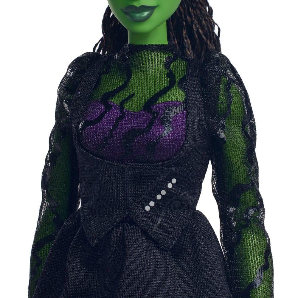 Poupée Elphaba du film Wicked, avec ses détails fidèles et sa peau verte
