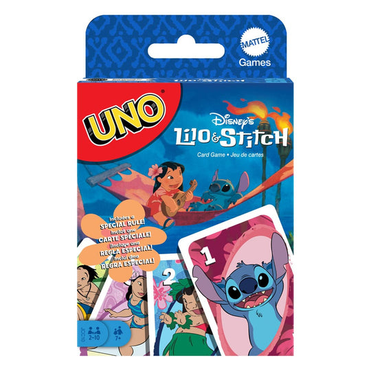 Boîte du jeu de cartes UNO Lilo & Stitch Mattel avec les personnages
