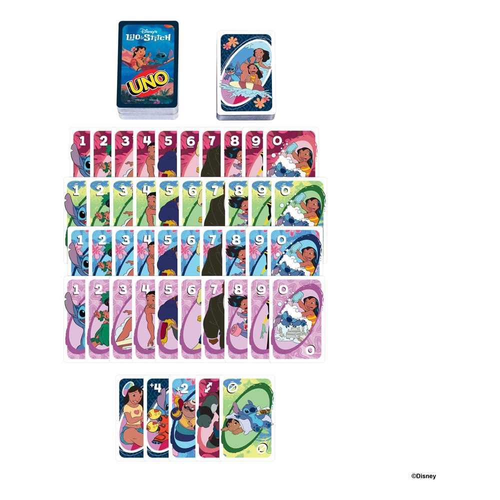 Dos des cartes UNO Lilo & Stitch avec le logo Disney et Mattel