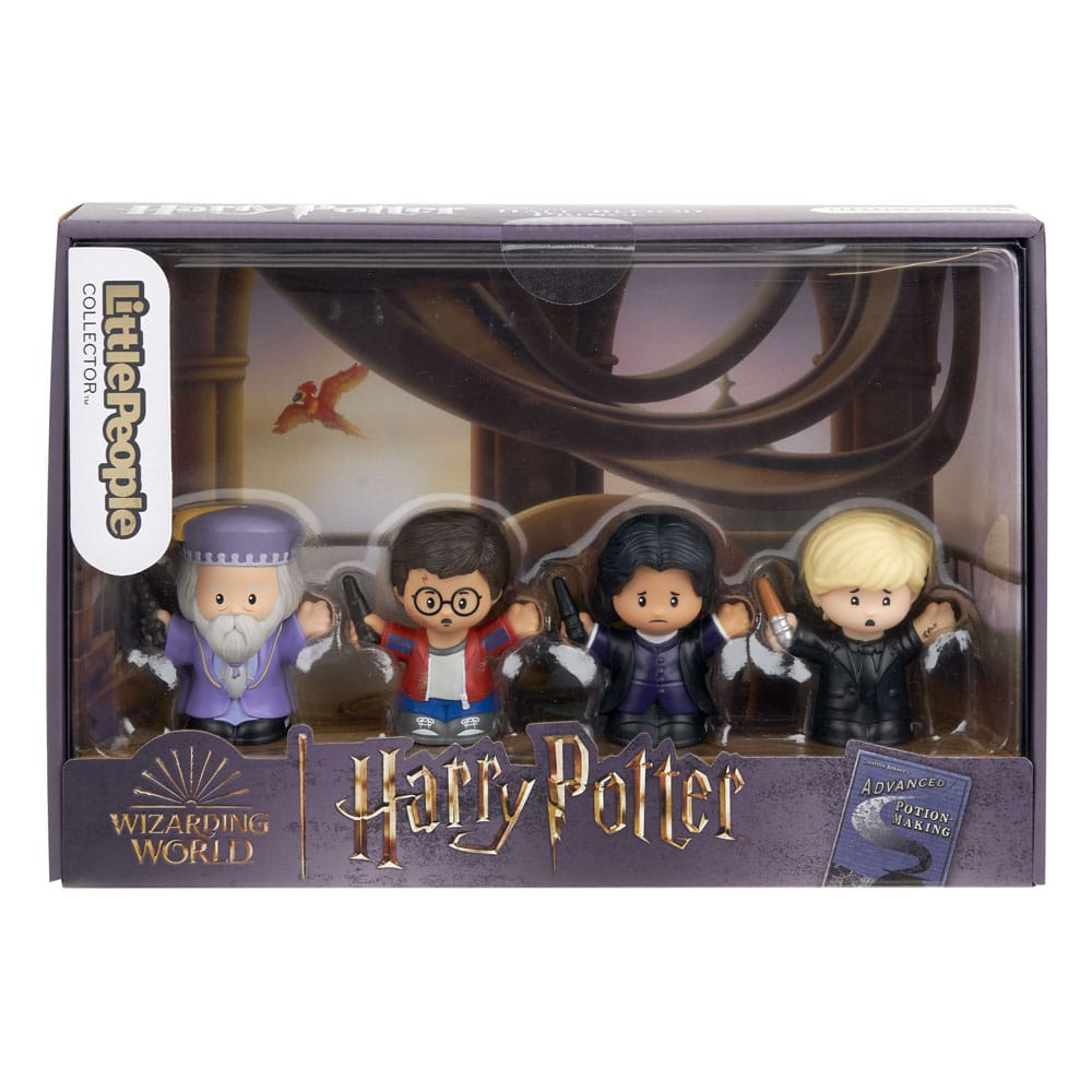 Vue rapprochée des 4 minifigurines Harry Potter, Draco Malfoy, Dumbledore et Severus Snape