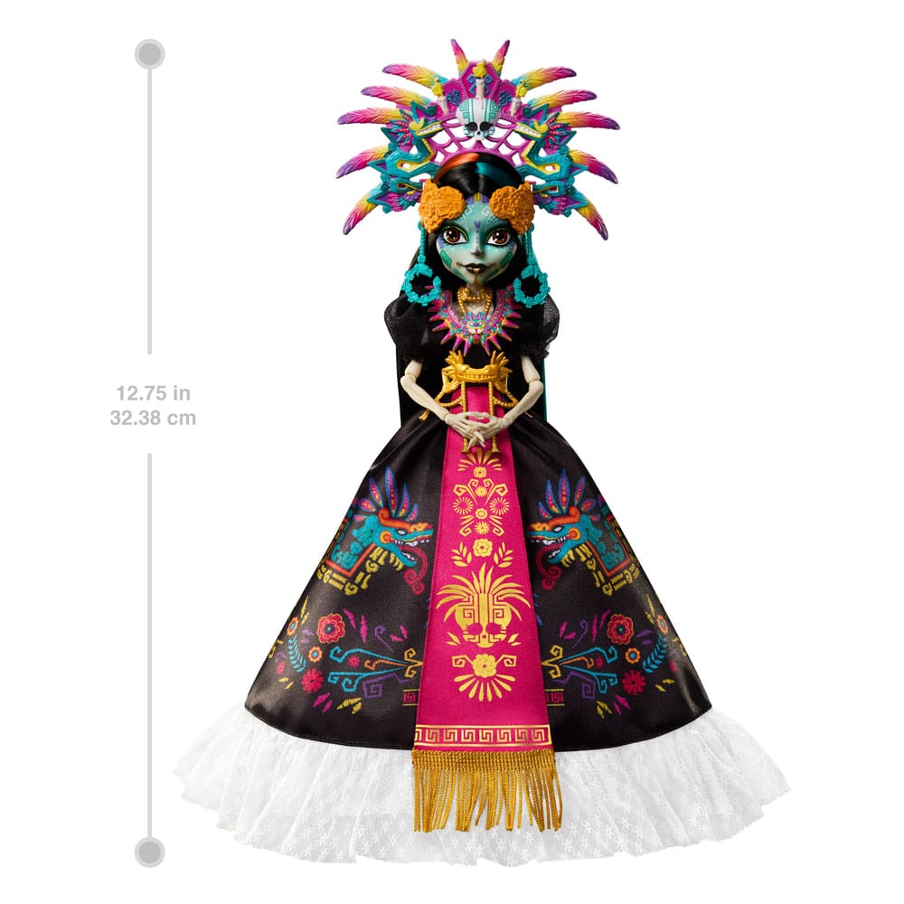 Détail du visage de la poupée Skelita Calaveras Monster High avec maquillage Día de Muertos