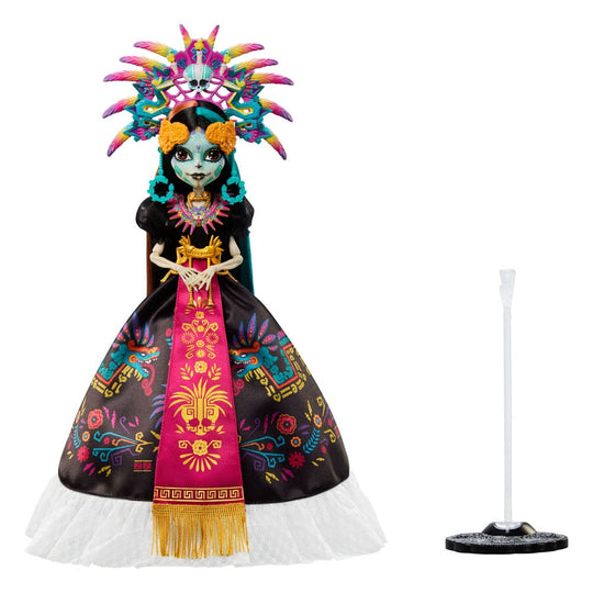 Détail des motifs aztèques sur la robe de la poupée Skelita Calaveras