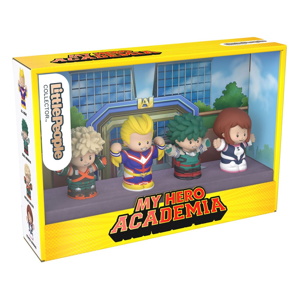 Présentation des personnages All Might, Izuku, Bakugo, Ochaco en figurines