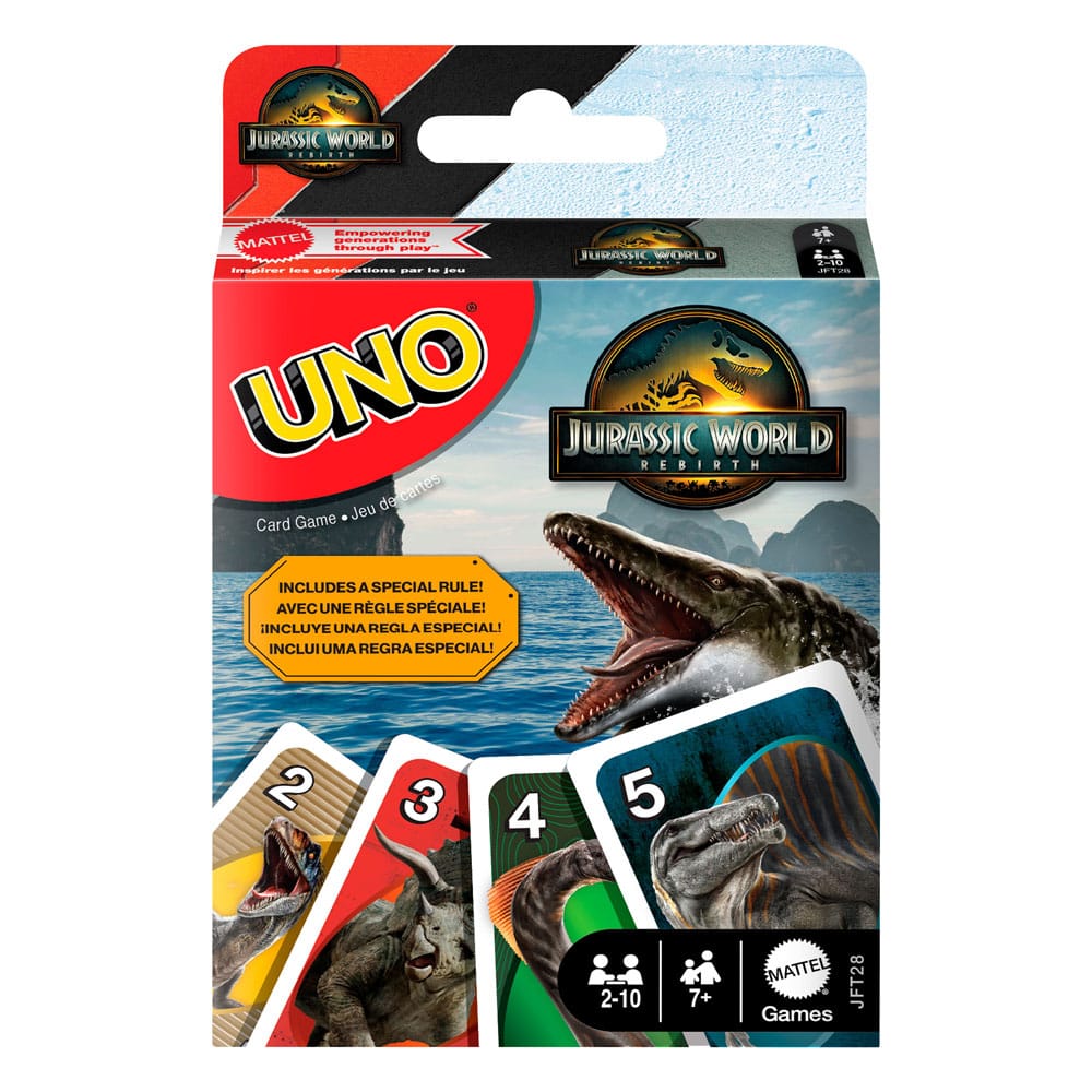 Boîte du jeu de cartes UNO Jurassic World Renaissance Mattel