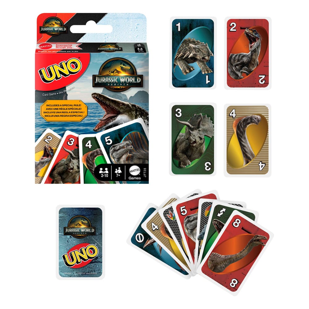 Cartes UNO Jurassic World Renaissance avec illustrations de dinosaures