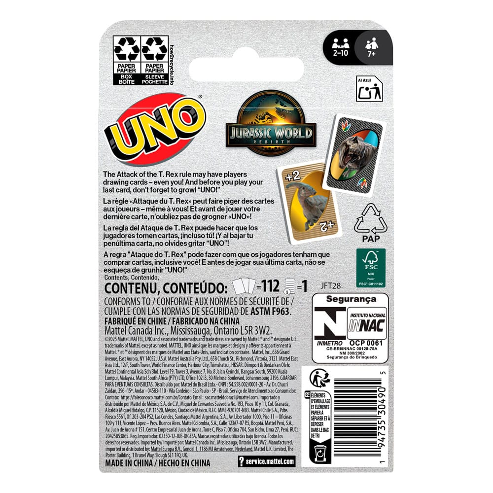 Contenu du jeu UNO Jurassic World Renaissance : cartes et guide multilingue