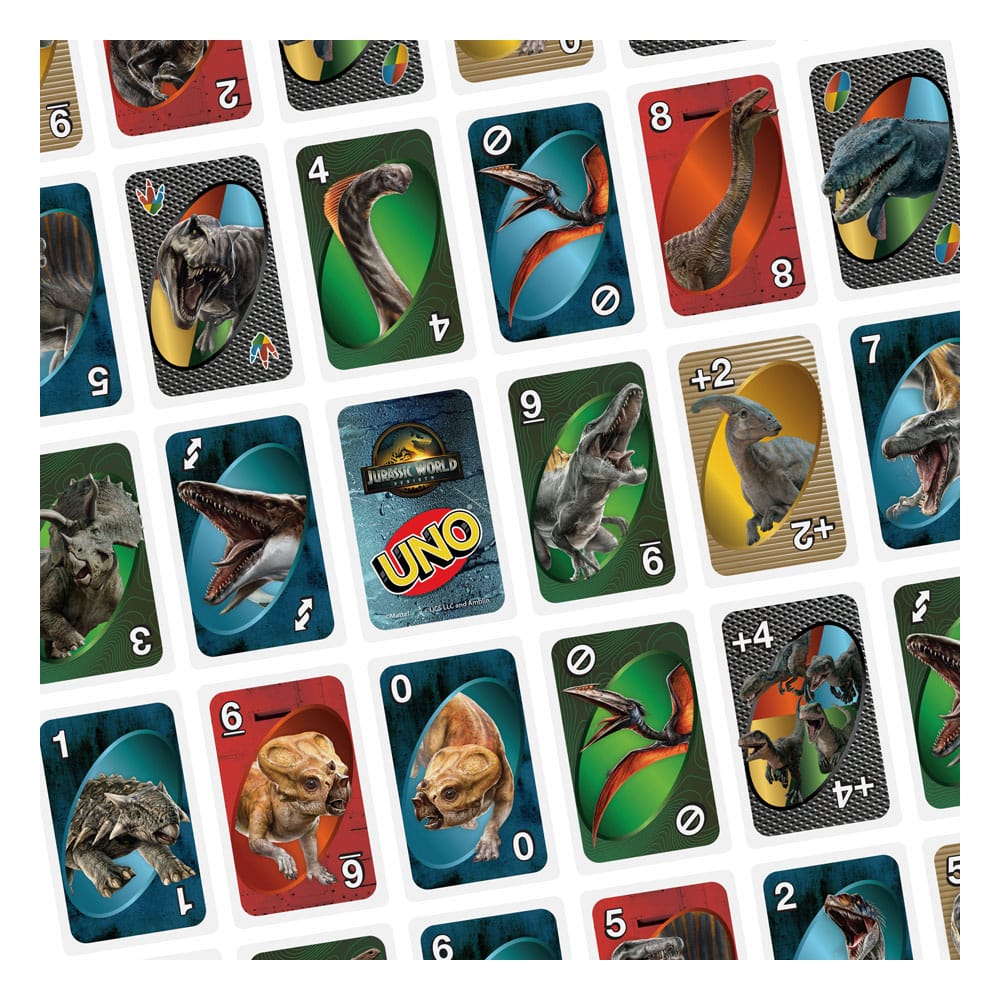 Boîte de jeu UNO Jurassic World Renaissance ouverte, montrant les cartes