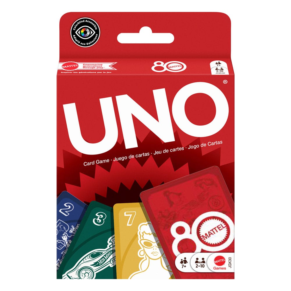 Jeu de cartes UNO Mattel 80th Anniversary Ruby Red en gros plan
