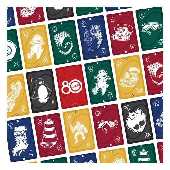 Logo Mattel 80th Anniversary sur la boîte du jeu UNO Ruby Red