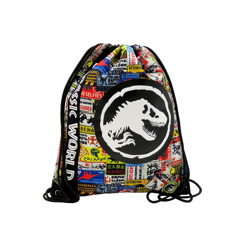 Détail du motif d'avertissement 'Danger' sur le sac à dos Jurassic Park