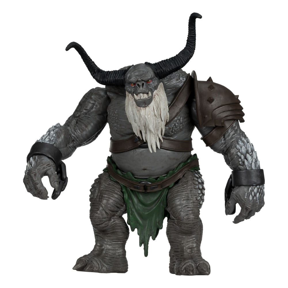 Les figurines et le Snow Troll exposés dans une vitrine de collectionneur