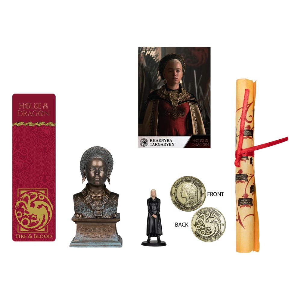 Contenu du coffret Rhaenyra Targaryen : figurine, buste, pièce, carte