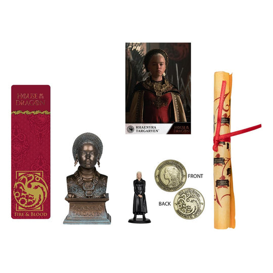 Contenu du coffret Rhaenyra Targaryen : figurine, buste, pièce, carte